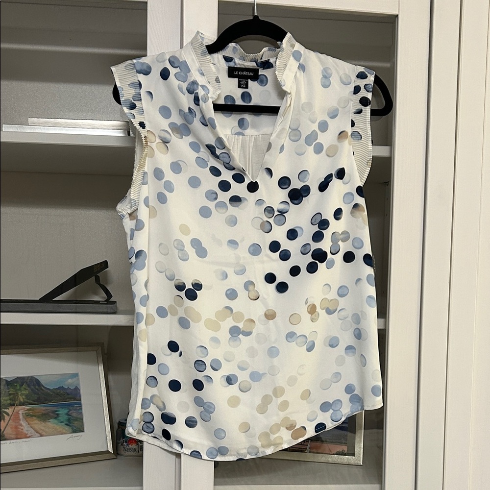le chateau Cream Polka Dot Sleeveless V-Neck Top with Blue and Tan Dots